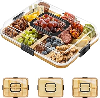 SpaceAid Charcuterie Board with Clear Lid, Portable Travel Cheese Cutting Boards for Picnic Accessories, Bamboo Serving Tray with Lids, House Warming Gifts, Black Handles, 8 Compartments