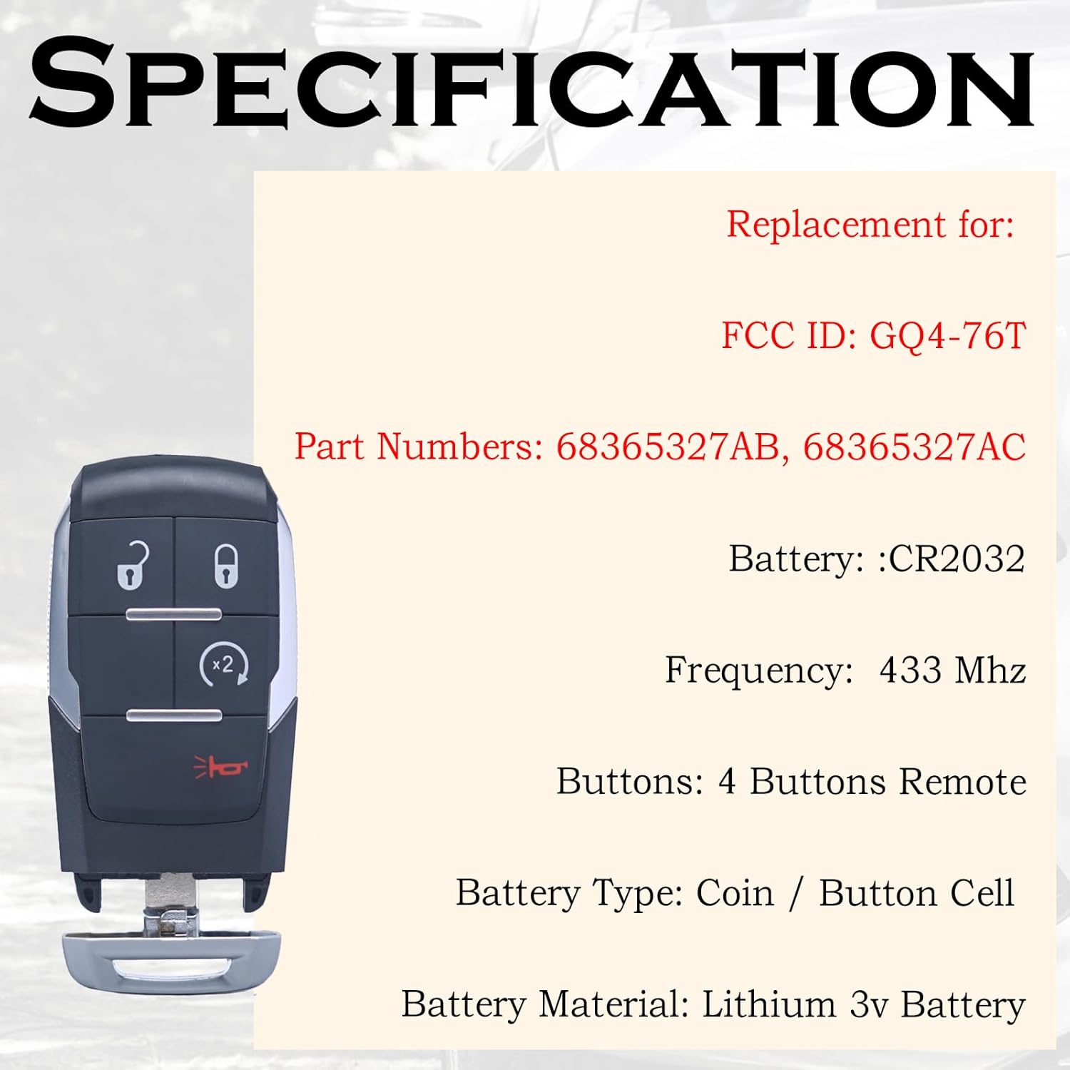 SUPALAND Keyless Entry Remote Control Key Fob Replacement Fits for Dodge Ram 2500 3500 4500 5500 2019 2020 2021 2022 2023 2024 GQ4-76T 68365327AB 68365327AC 4 Buttons 433 MHz