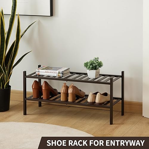 Miniatura 111 de Zapatero de bambú de 2 niveles para entrada, apilable, resistente, multifuncional, zapatero independiente para dormitorio, pasillo, armario Natural