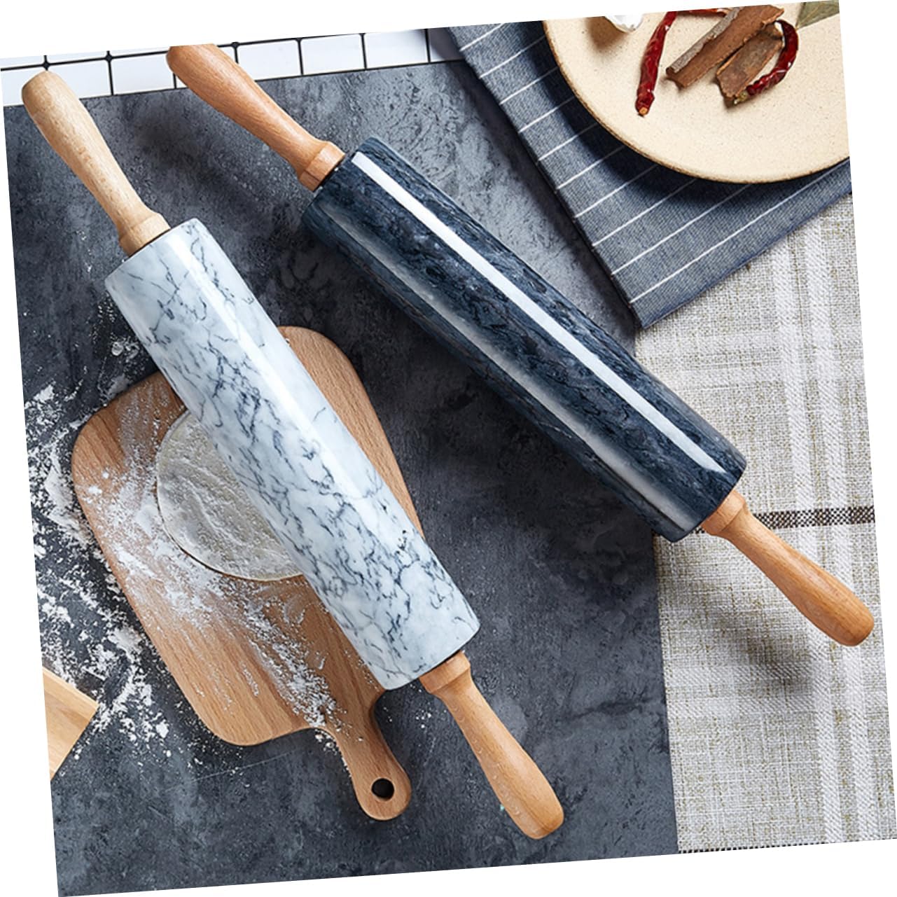 OUNONA Marble Rolling Pin Pastry Roller Wooden Handle Rolling Stick Dough Roller