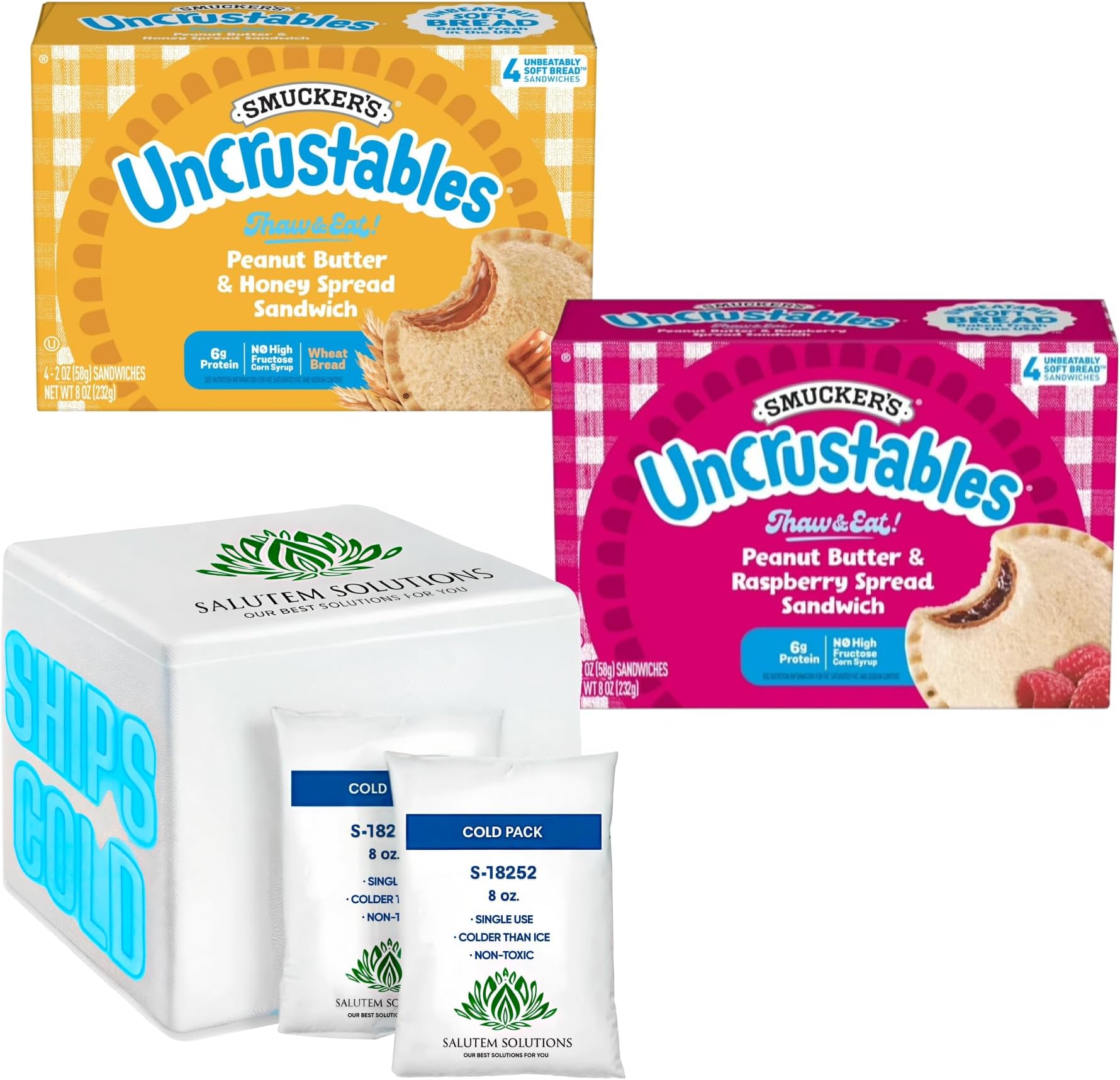 Smucker's Uncrustables Peanut Butter & Honey and Raspberry Spread Sandwiches Gift Set, 7.2 oz, 4 count each – Pack of 16 (total 64 pieces)