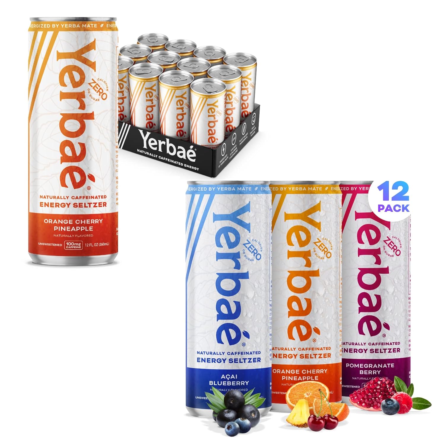 Yerbaé Energy Seltzer - Variety Performance Pack + Orange Cherry Pineapple, 0 Sugar, 0 Calories, 0 Carbs, Energized by Yerba Mate, Plant-Based, Healthy Alternative to Coffee