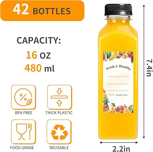 Miniatura 2 de Moretoes 42 botellas de plástico de 16 onzas con tapas, botellas reutilizables para jugos con tapas, recipientes transparentes para batidos y otras