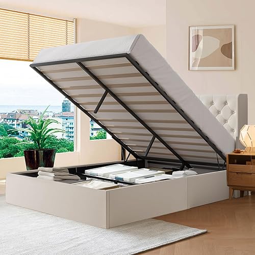 Miniatura 1 de 4 EVER WINNER Cama de almacenamiento elevable tamaño Queen, marco de cama tapizado de lino con cabecera moderna con respaldo de ala, almacenamiento