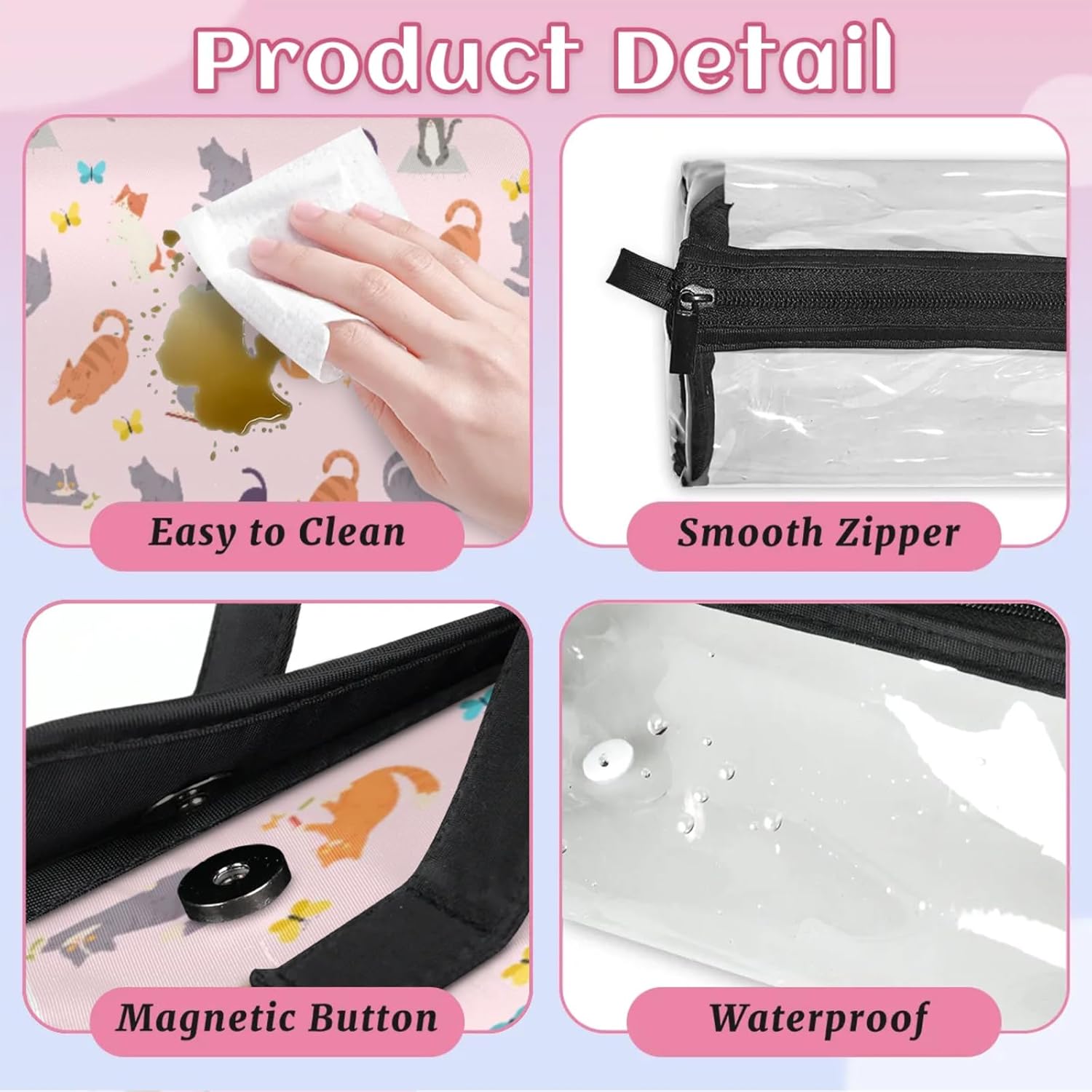 Hanging Roll Up Makeup Bag, Cosmetic Bag for Women, Cute Cats Travel Folding Toiletry Bag with 4 Removable Compartments, for Storing Cosmetics, Toiletries, Personal Care Products