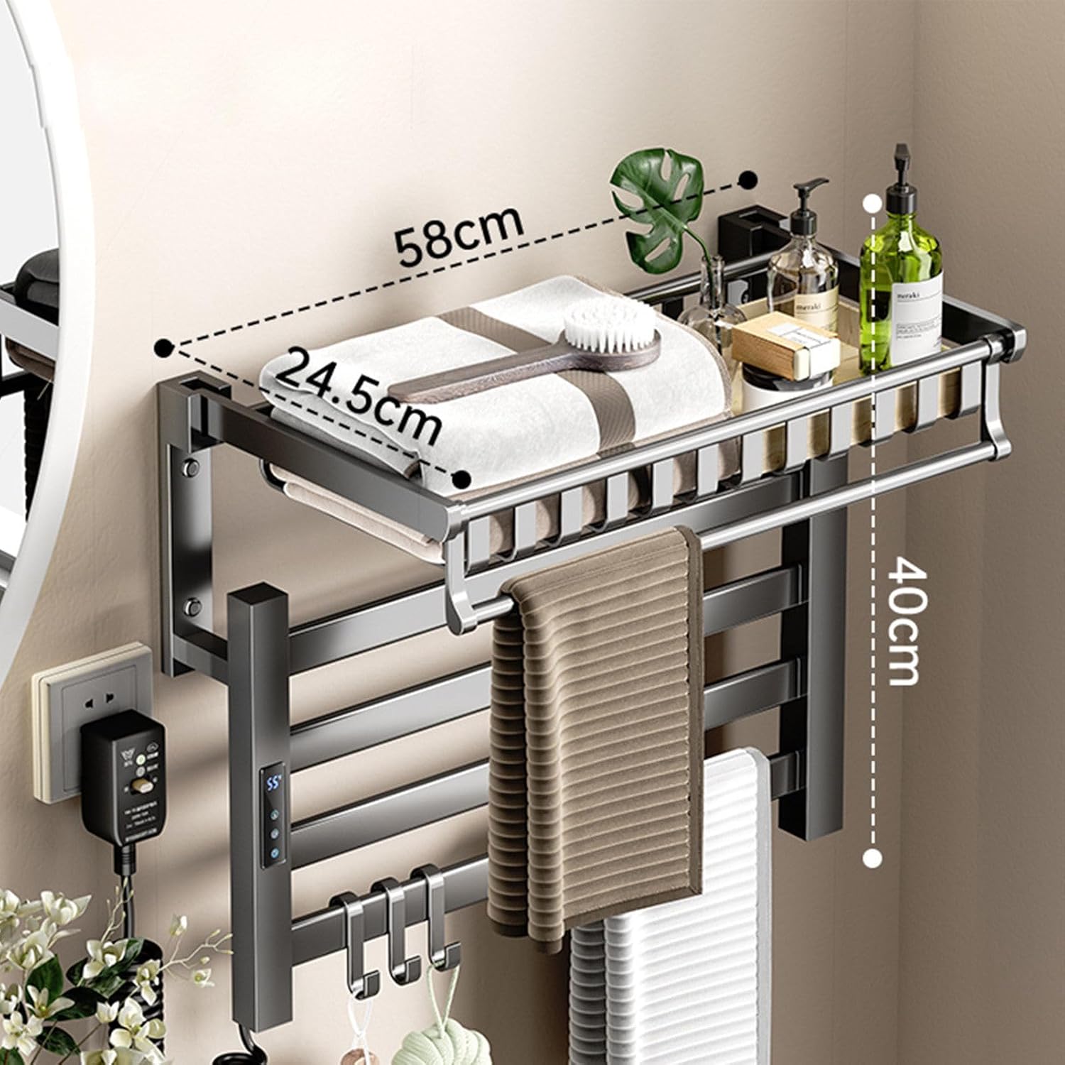 Electric Towel Warmer for Bathroom, Gray Heated Towel Rack Towel Warmer Rack Wall Mounted Aluminum Electric Towel Drying Rack Digital Display Touch Control, 45-70℃, 0-24H