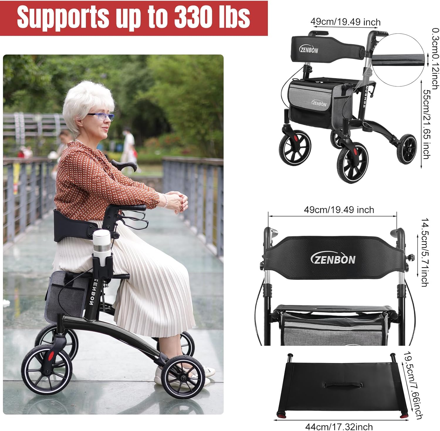 rollator walker for seniors/adults foldable in two directions rolling walker with seat 330 lbs capacity 4 big 8 inch wheels hand grips adjustable height lightweight aluminum walker 7204(black) 7204-black