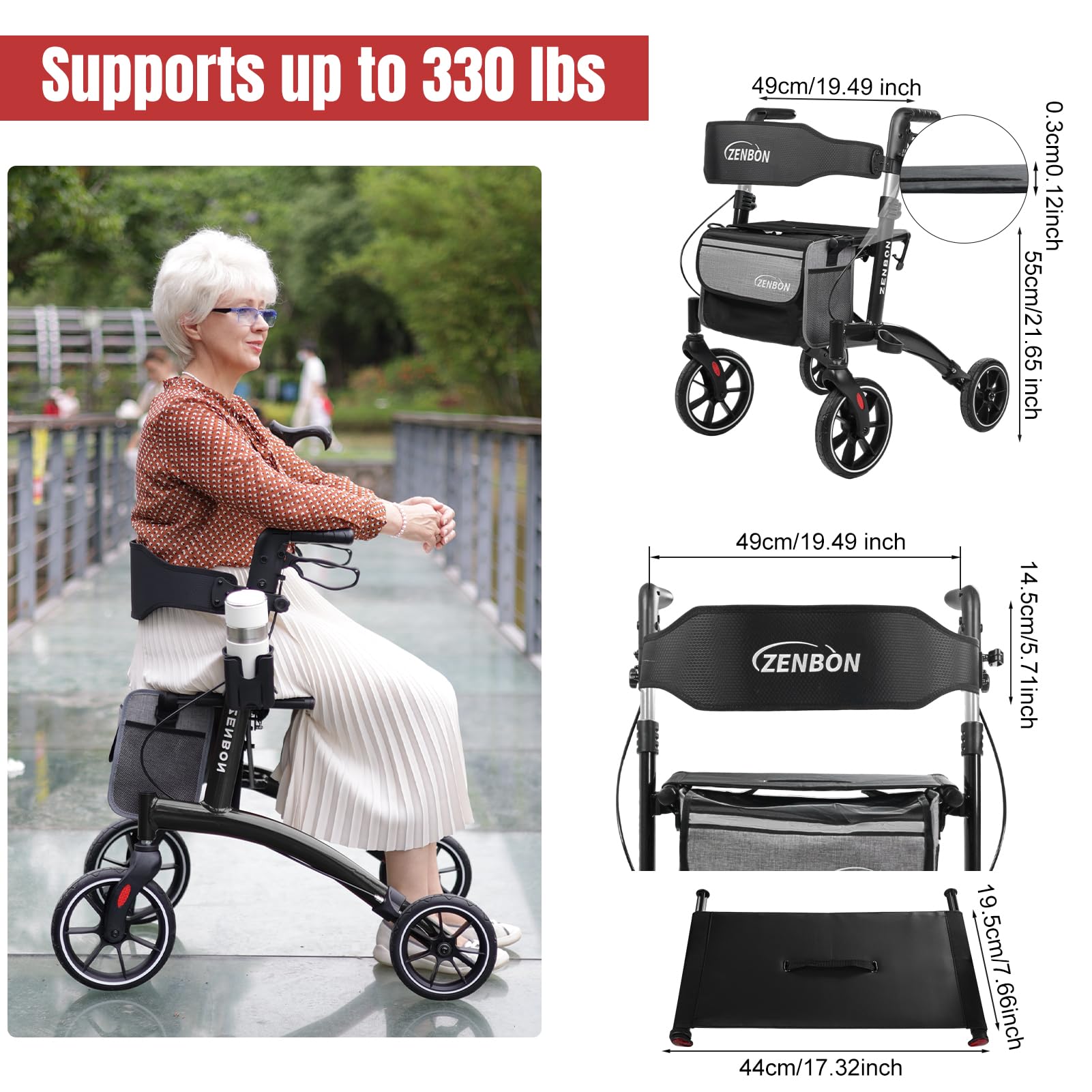 Deambulatore per Anziani in Alluminio: Rollator Pieghevole e Leggero con Seduta - Rollator da Interno 4 Ruote Leggero e Pieghevole Speciale con Schienale e porta Bastone da Passeggio (Nero)