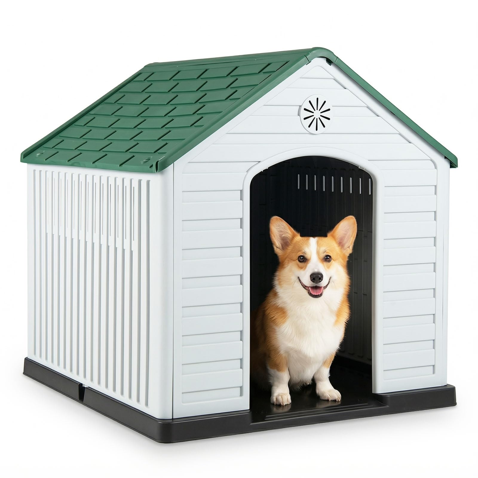 COSTWAY Plastic Dog House, Indoor Outdoor Pet Shelter with Slanted Roof, Elevated Floor & Air Vents, Weather-Resistant Puppy Cage Kennel for Dogs Cats Rabbits, 97 x 89 x 95cm (Deep Green + White)