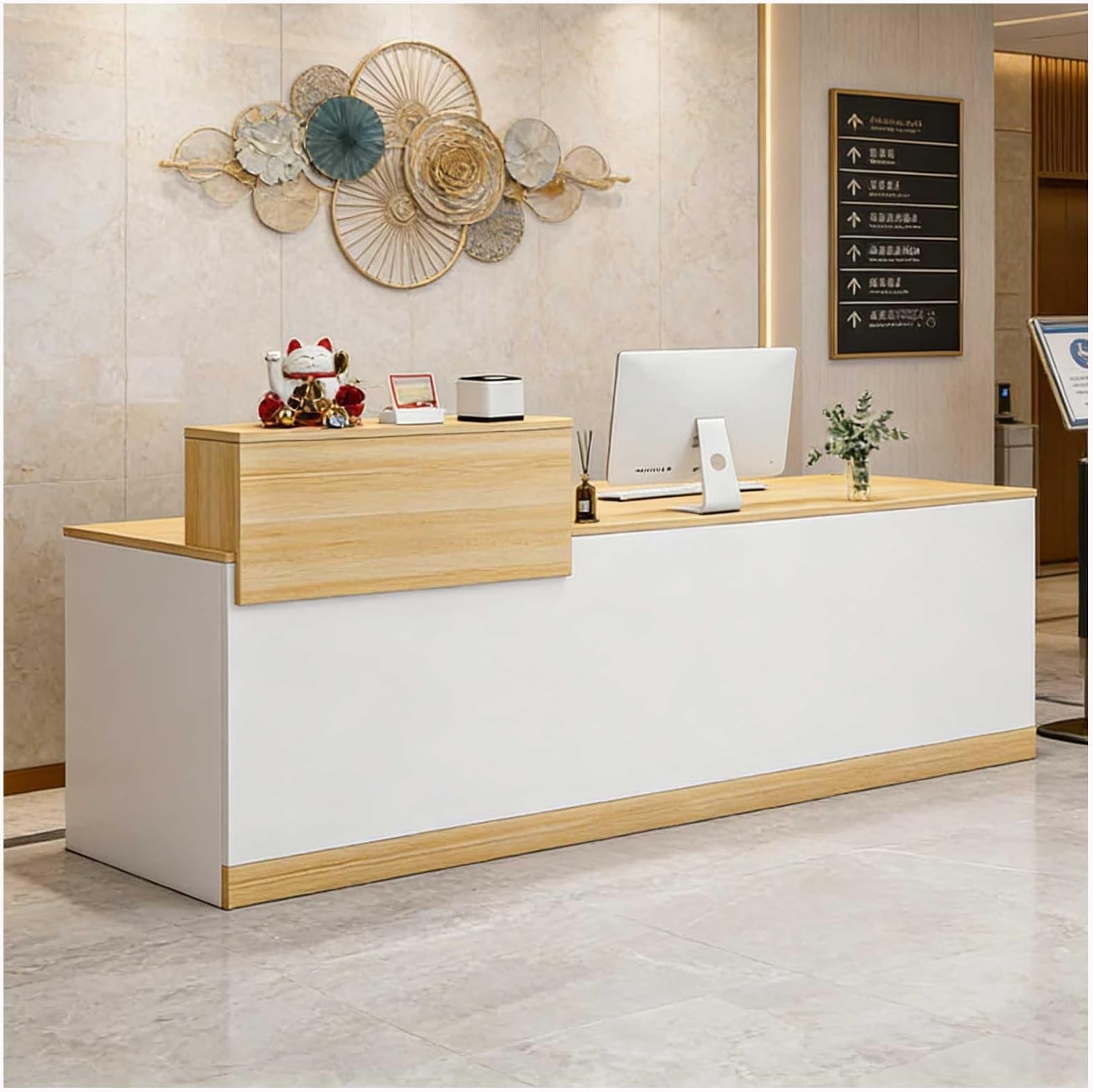 Reception Desk with Counter, Modern Front Desk Reception Room Table w/Drawer & Open Shelves, 39-63 inch Retail Counter for Checkout, Lobby, Beauty Salon, Office,Wood Left,63”x18”x39”