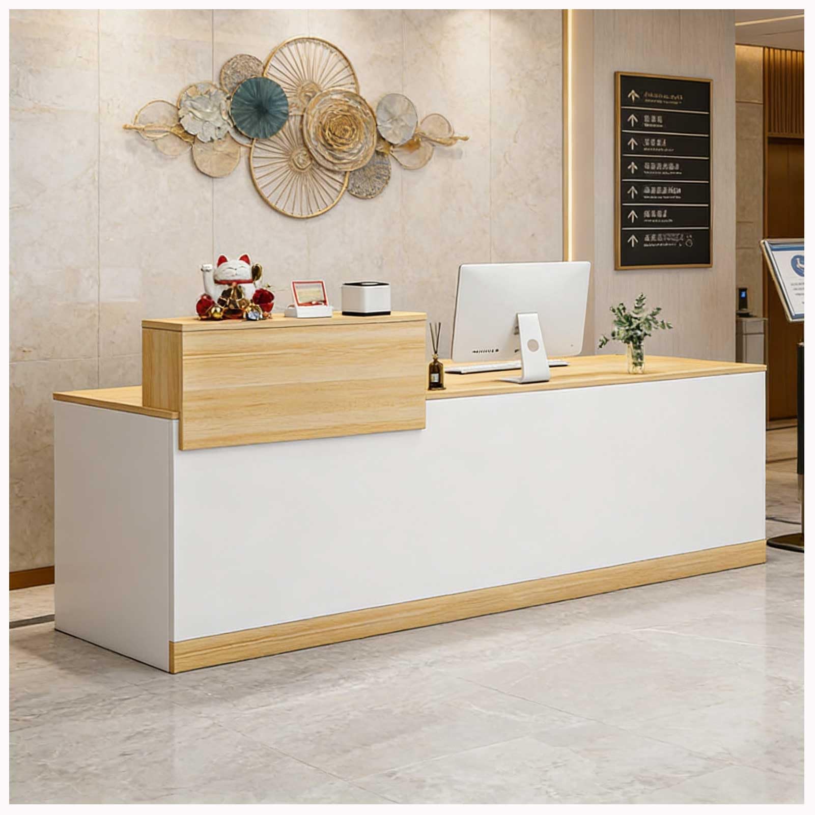 Reception Desk with Counter, Modern Front Desk Reception Room Table w/Drawer & Open Shelves, 39-63 inch Retail Counter for Checkout, Lobby, Beauty Salon, Office,Wood Left,63”x18”x39”