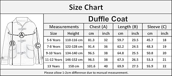 Size Chart Boys Size Coat Kids Duffle Kids' Royal Blue Fleece