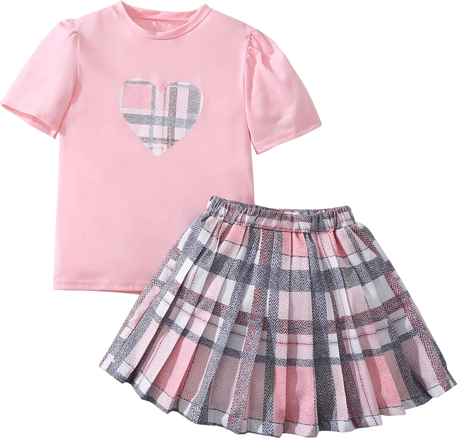 Girls Clothing Set 2 Piece Outfits Skirt Sets Cute Puff Short Sleeve Tops & Plaid Mini Pleated Skirts 4-8 Years