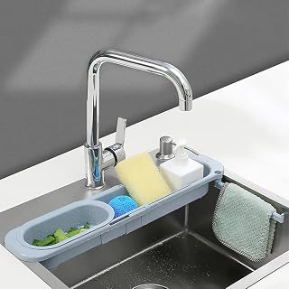 SEIYOGDS Soporte De Fregadero Telescópico, Cesta De Drenaje Ajustable con Bandeja y Organizador para Estropajo, Esponja y Jabón en Hogar y Cocina (Azul)