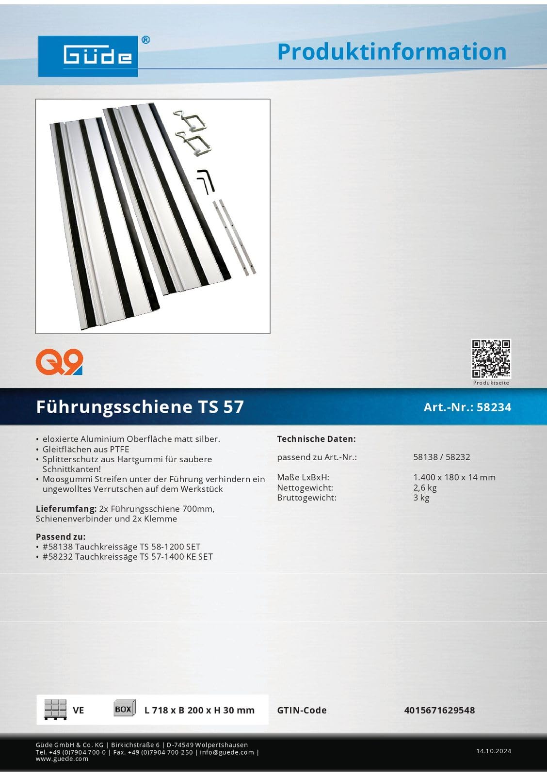 Güde Führungsschiene Verlängerung für Tauchsäge Handkreissäge TS 57