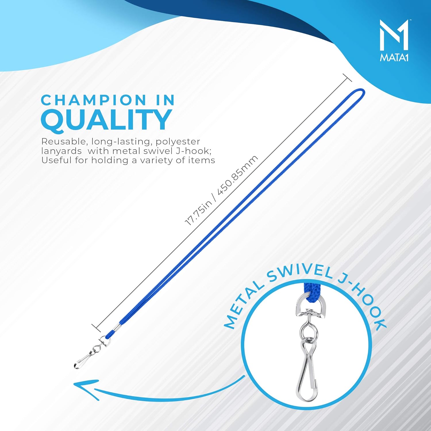 Mata1-USA Polypropylene Lanyards - 1000 Pack, Blue - Economy ID Lanyards Bulk for Business Card, ID Card Holder for Employees and Students - Round 36" With Swivel Hook