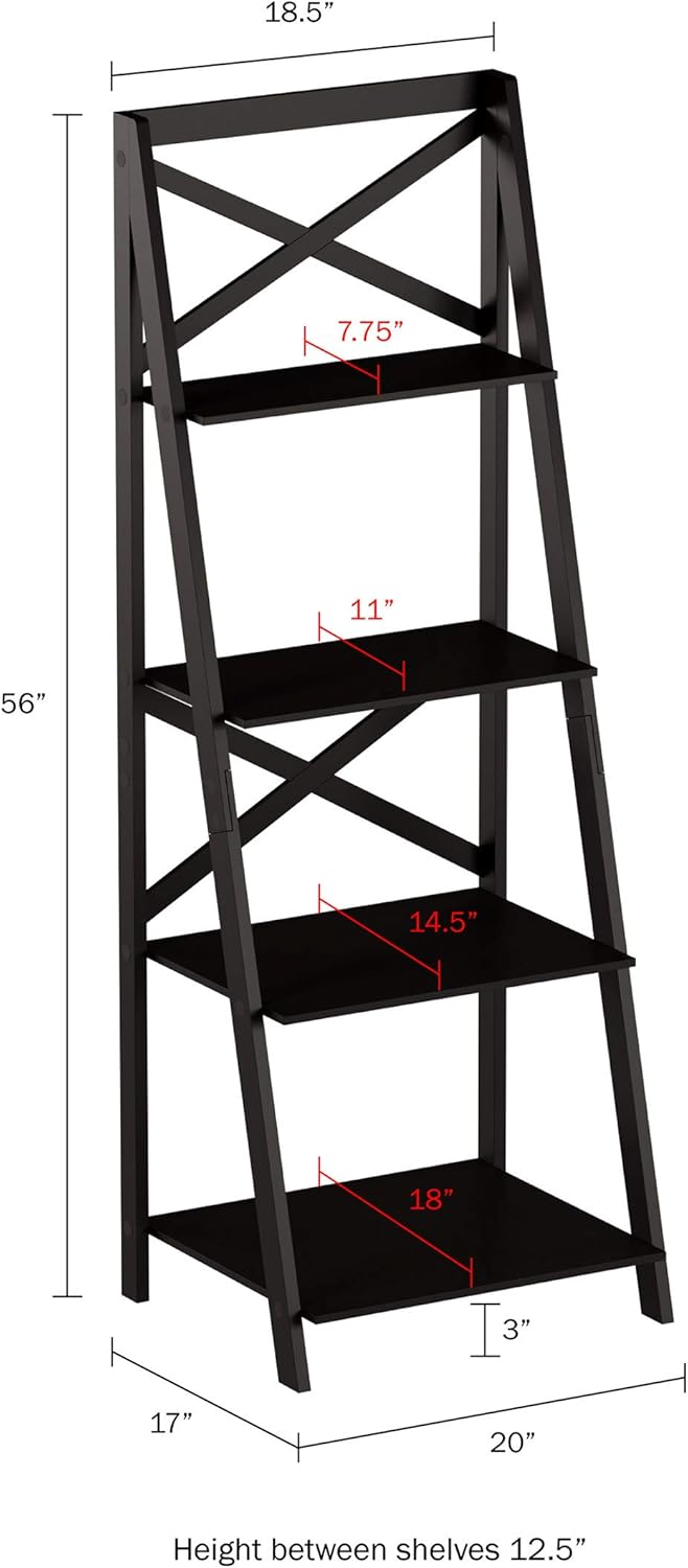 Lavish Home 4-Tier Ladder Bookshelf Set – Set of 2 Free Standing Wooden Living Room Shelves – Decorative Bookcases for Home and Office (Black)