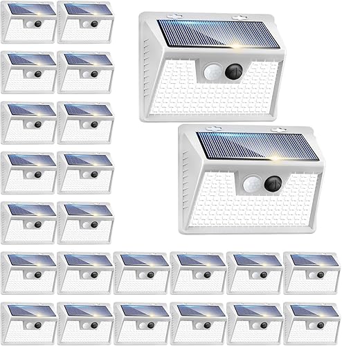 Miniatura 15 de Peasur Luces solares con sensor de movimiento para exteriores, paquete de 2 140 luces LED para valla, impermeable, marco blanco, iluminación de