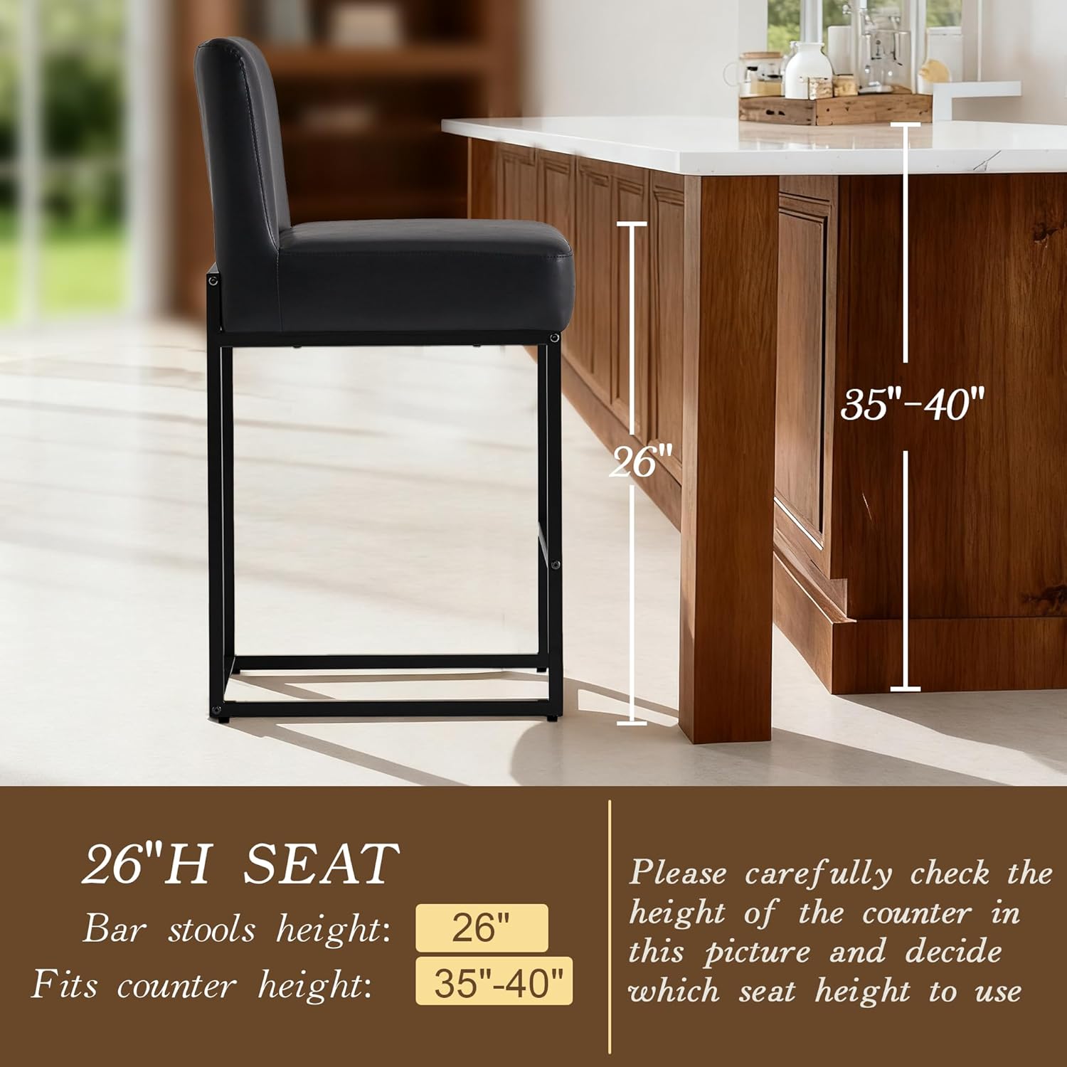 Counter Height Bar Stools,Bar Stools Set of 4,26" PU Leather Modern Kitchen BarStools with Backs,Bar Chairs with Metal Black Frames,Black Leather