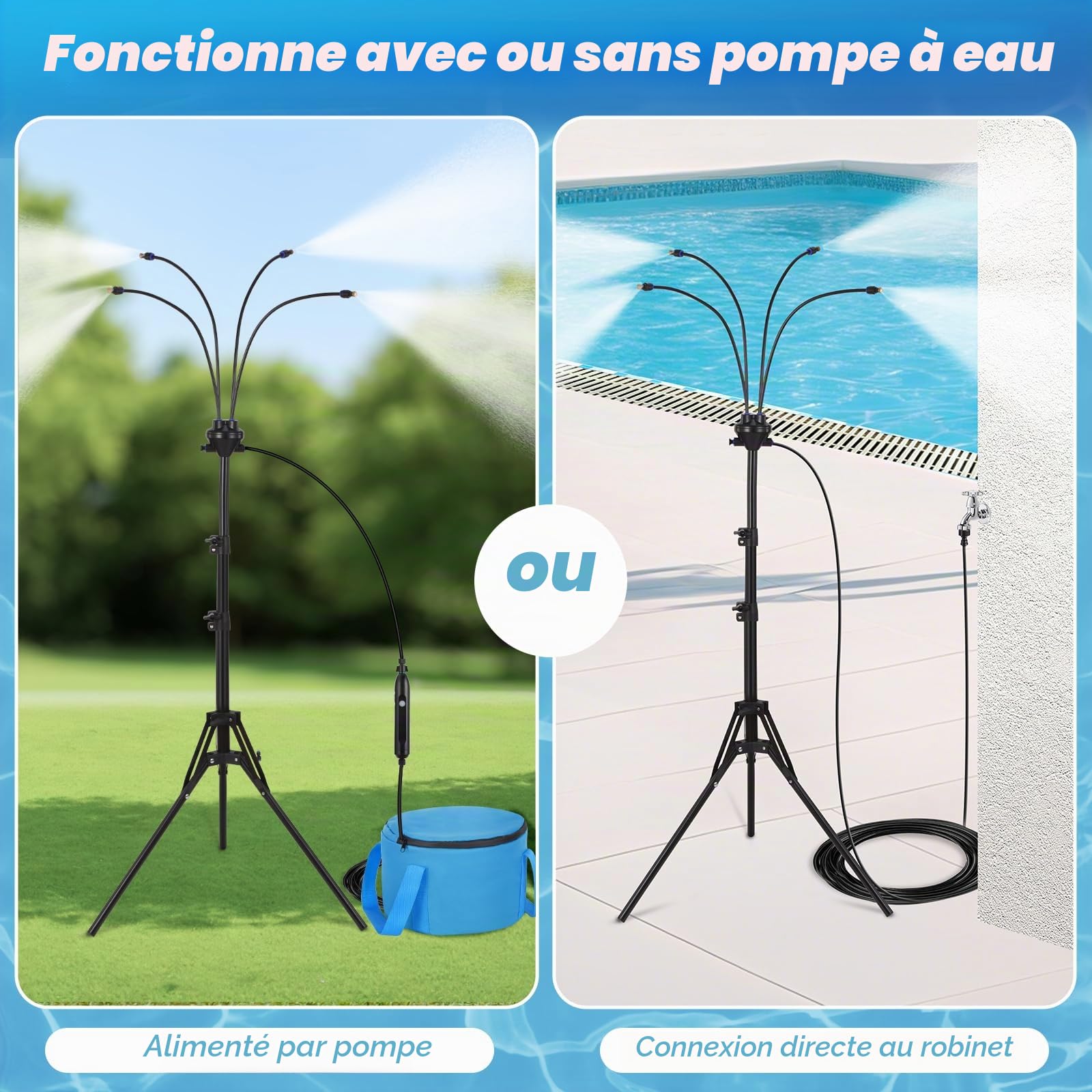 Système de refroidissement brumisateur portable de 15 m – Utilisation avec pompe ou directement au robinet, avec pompe USB rechargeable de 4500 mAh, tuyau de 8 m, sac d'eau de 15 l, brumisateur pour