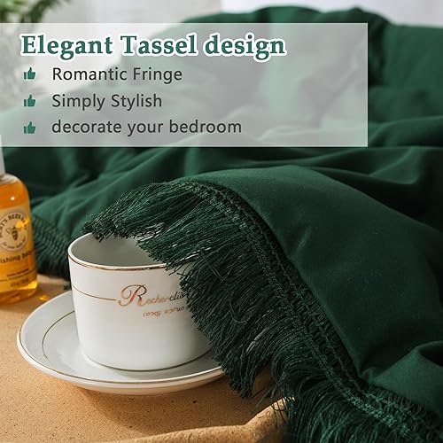 Miniatura 4 de Andency Juego de edredón verde esmeralda oscuro, tamaño King, juego de ropa de cama bohemio ligero con borlas, juego de ropa de cama con flecos