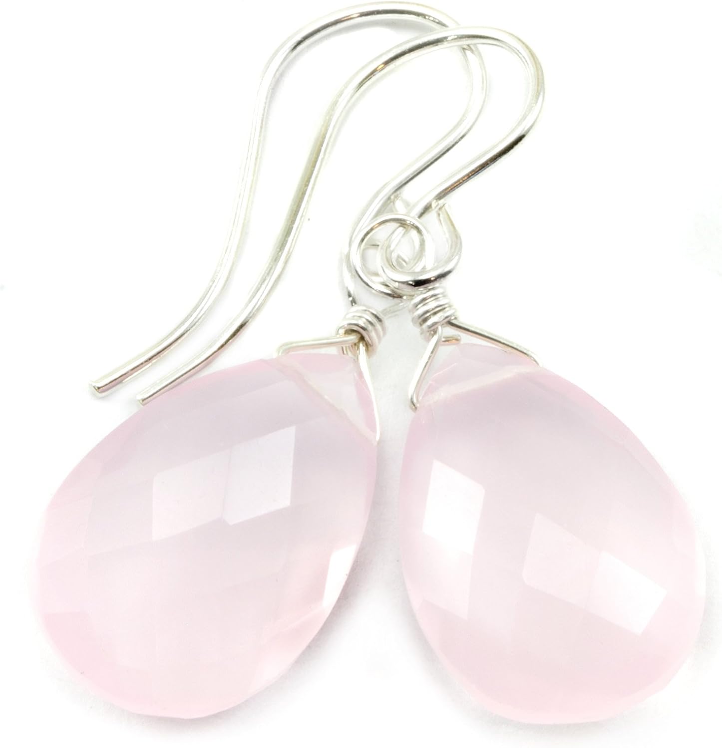 Sterling Silver Rose Quartz Earrings Faceted Pear Teardrop Dangle Style Simple Briolette
