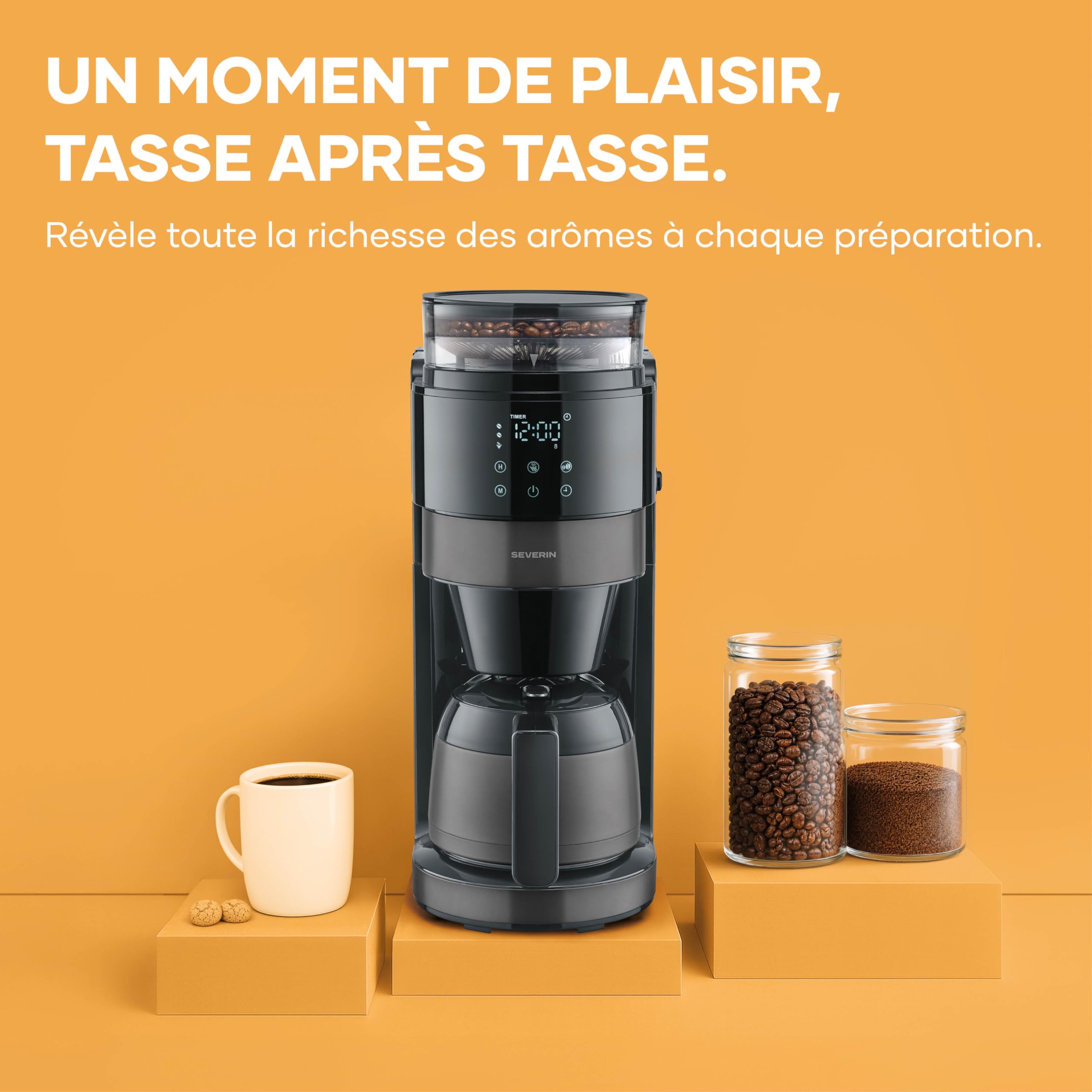 SEVERIN Machine à café filtre avec broyeur intégré et verseuse isotherme - S-Taste AromaOne- 1,25L jusqu'à 10 tasses - Affichage LED tactile - Stop goutte & arrêt automatique - Inox foncé, KA 4831
