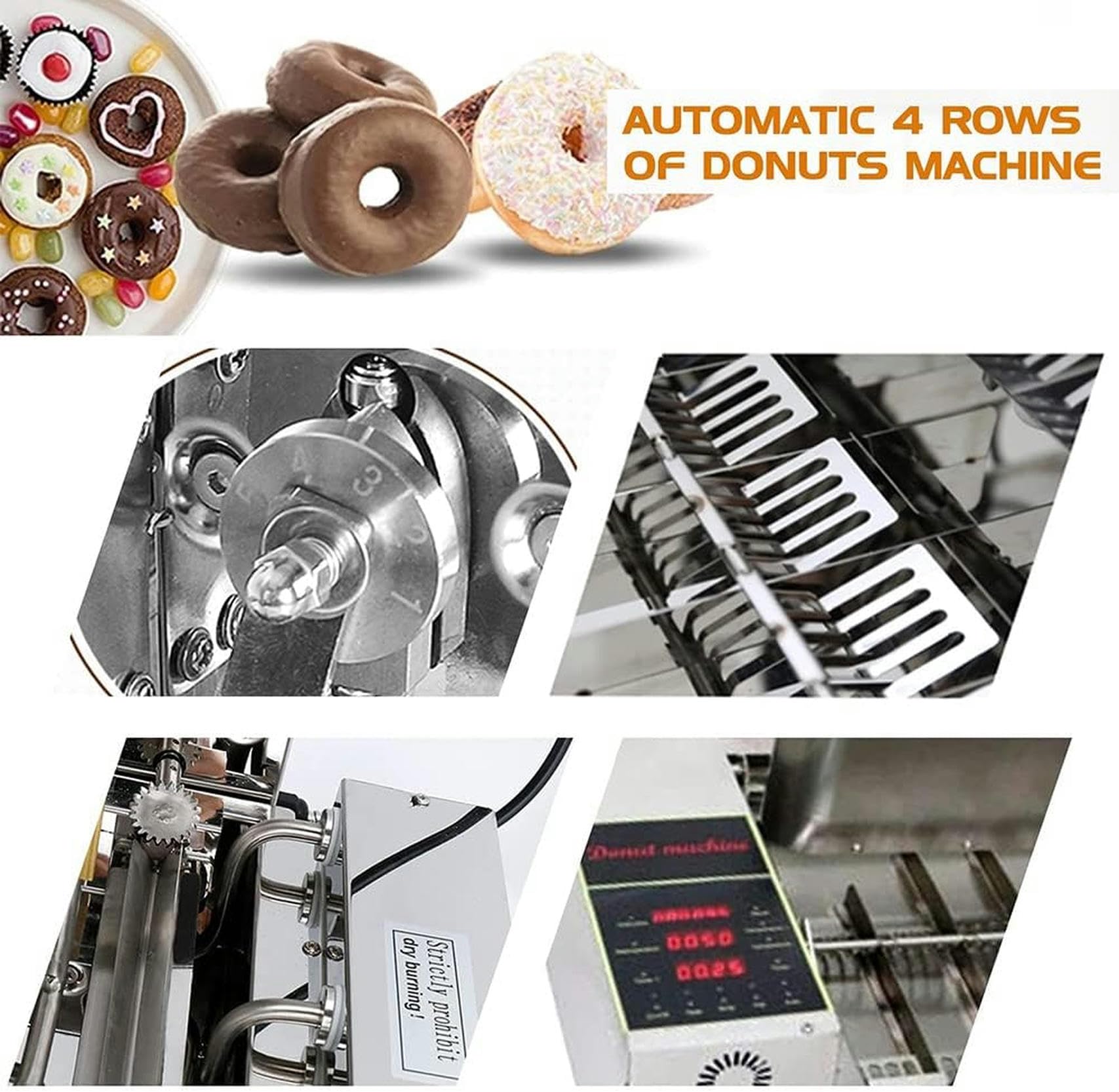 Macchina per ciambelle commerciale a 4 file, friggitrice automatica per snack e ciambelle con tramoggia da 5,5 l, spessore regolabile, pannello di controllo intelligente