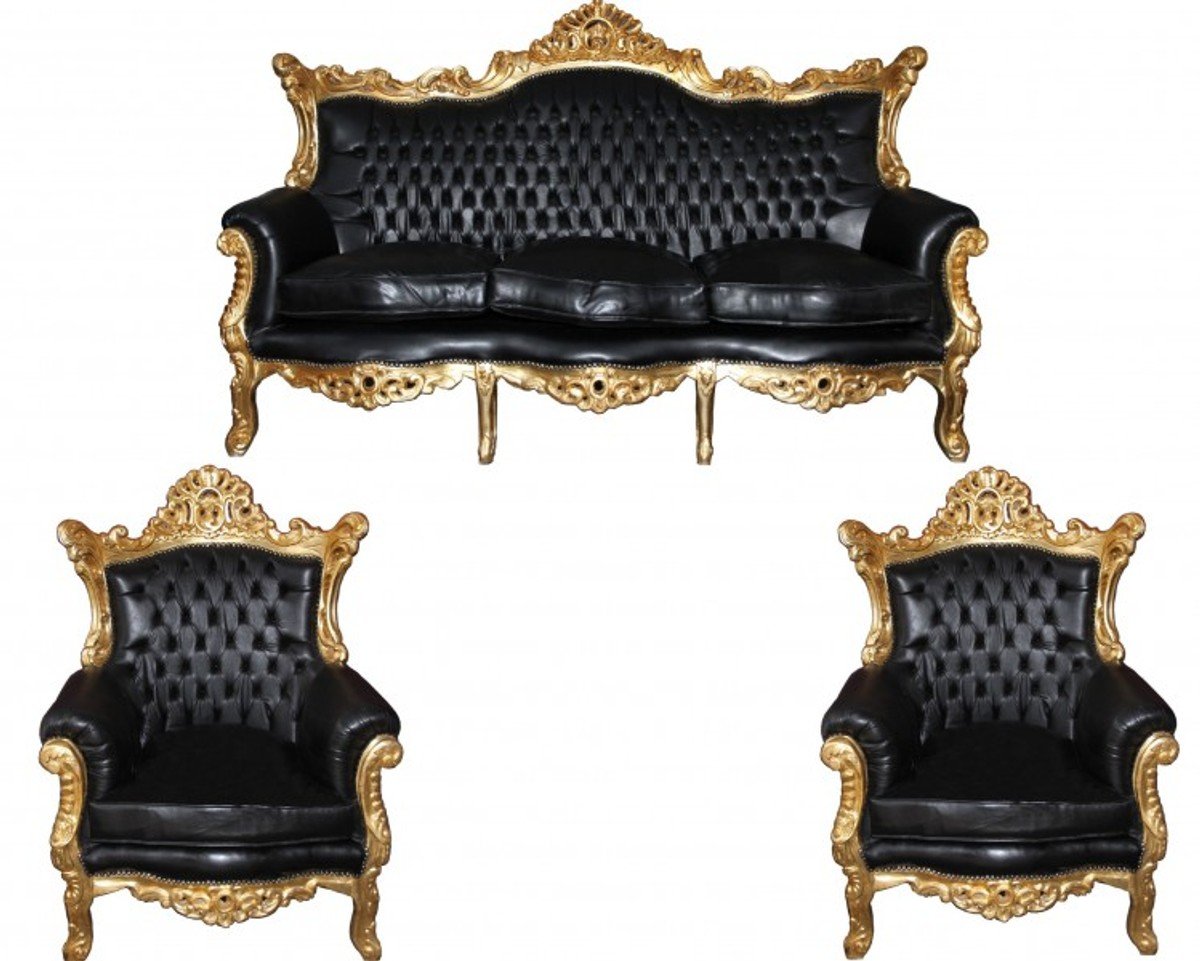 Casa Padrino Baroque Living Room Set Master Black/Gold Leather Sofa Mod2-3 seater sofa + 2 armchairs