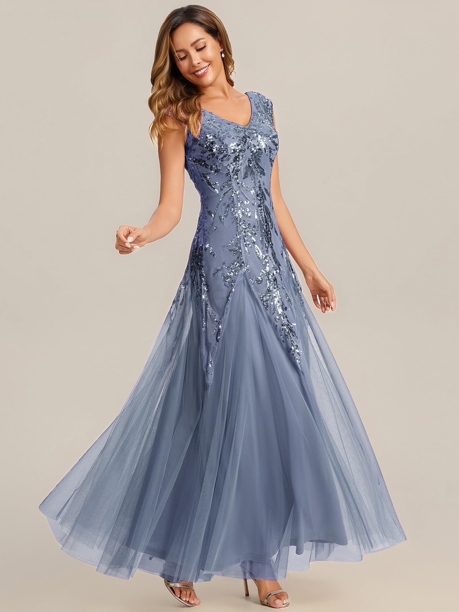 Ever-Pretty Ballkleider Damen Lang Pailletten Ärmelloses Abendkleid mit V-Ausschnitt für Kleid Silvester EE02559