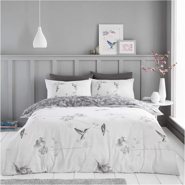 FAIRWAYUK Hummingbird Bedding Set - King Size Duvet Covers with Pillowcase, Reversible Poly Cotton Grey Quilt Cover, 3 Piece Ultra Soft Bed Linen Set, 230x220cm