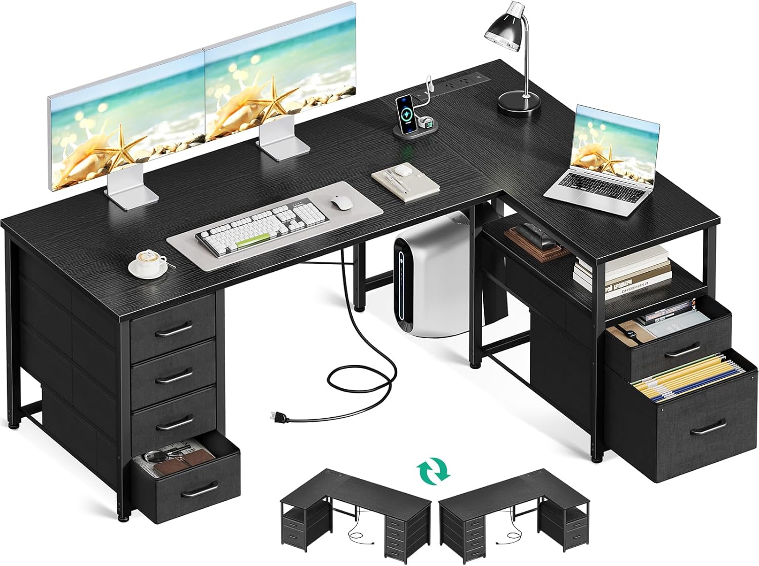 ODK L Shaped Computer Desk with 5 Fabric Drawers &1 Large File Drawer ...