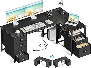 ODK L Shaped Computer Desk with 5 Fabric Drawers &1 Large File Drawer, Recessed Power Outlet, Home Office Desk with Revers...