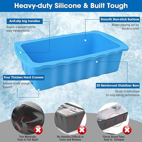 Miniatura 5 de Paquete de 4 moldes de bloque de hielo extra grandes, moldes de silicona extra gruesos de 12 libras, moldes para cubitos de hielo gigantes, moldes