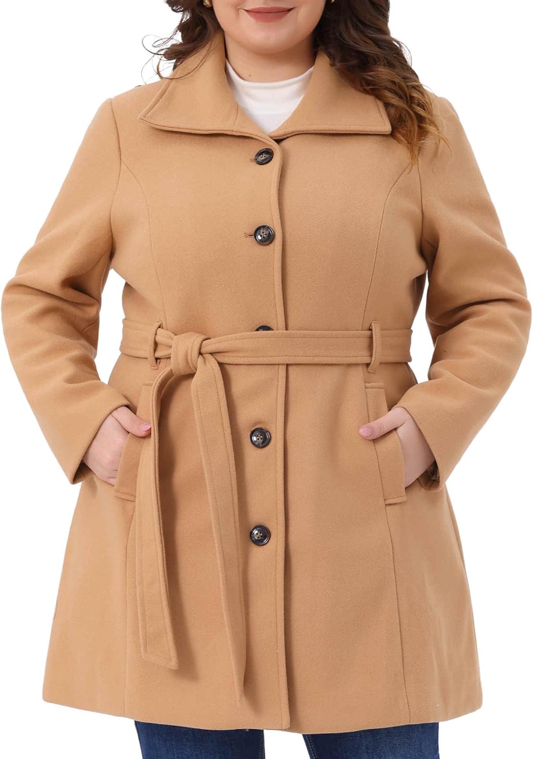 Agnes Orinda Plus Size Winter Coats for Women Notch Lapel Single Breasted Peacoat with Belt Trench Coats Jackets Outwear