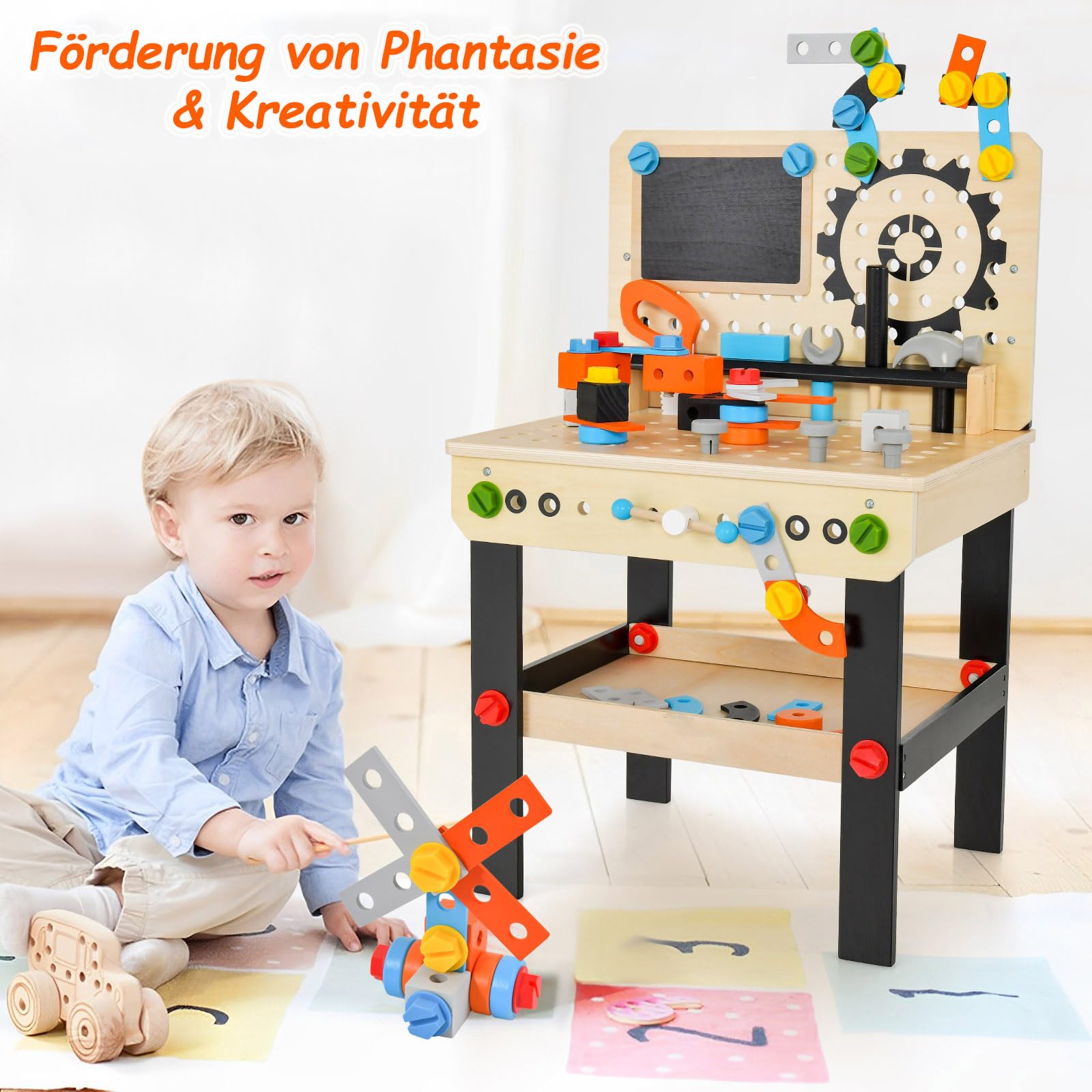 DREAMADE Werkbank Kinder, Werkzeugbank für Kinder aus Holz mit 6 Werkzeugen und 75 Zubehör, Werkzeug Spielzeug Set mit Kreidetafel und hängendem Werkzeughalter, Werkbank für Kinder ab 3 Jahren