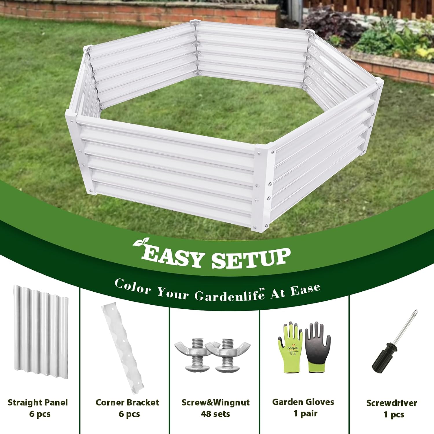 A ANLEOLIFE 6 Set Hexagon Galvanized Raised Garden Beds Outdoor,70x60x18in Metal Planter Box for Planting Vegetables Flowers Herb, Anti-Rust & Easy-Setup, Antique White