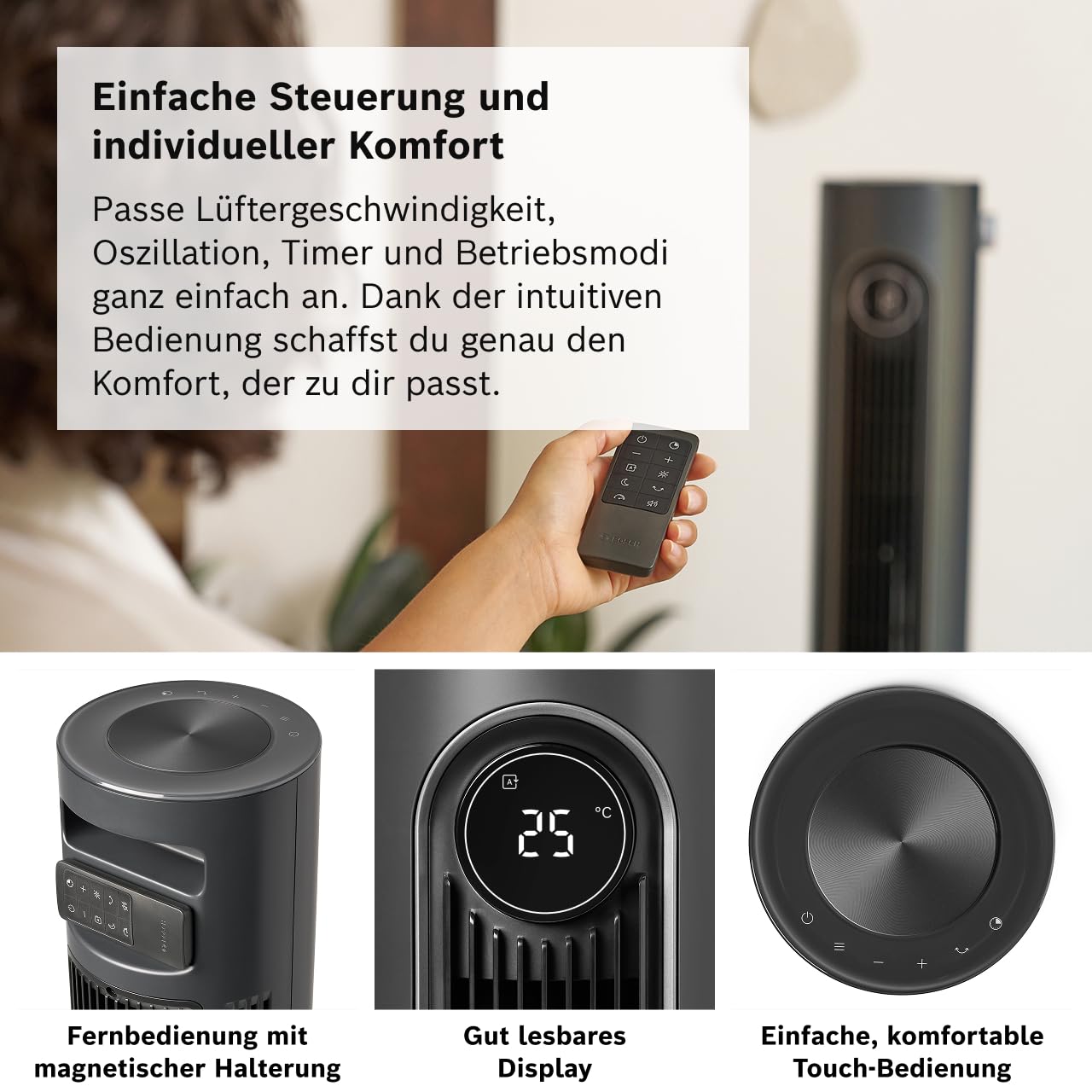 Bosch Tower Fan 6000, Leiser Turmventilator, Midnight Grey