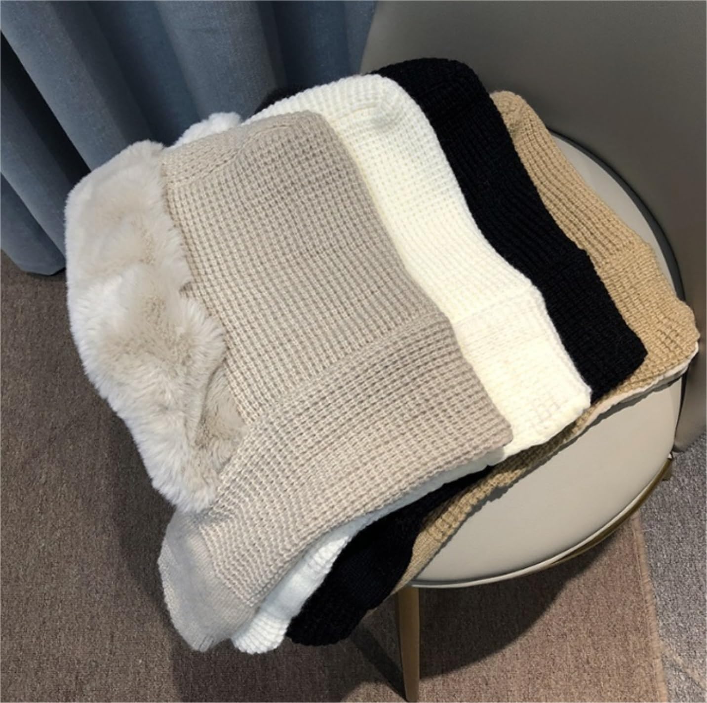Bonnet Hiver Bonnet Tricoté Hiver Chaud Femmes Chapeau Épais Mignon avec Cache-Oreilles Écharpe Bonnets Chaud(Beige)