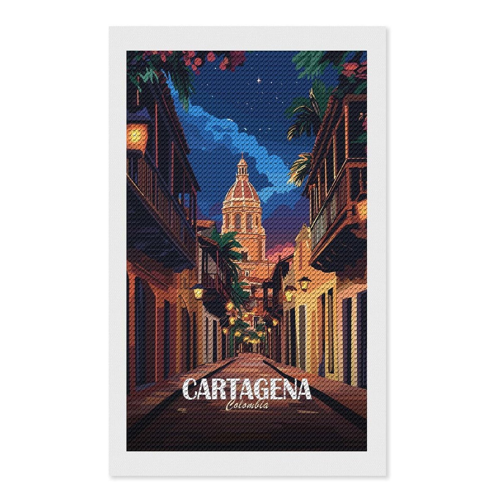 Junmoney Cartagena, Colombia Street at Night Diamond Painting Canvas Set 12"x20", for Adults, Decorate Your Room, Festive Craft Gift, Office Decor