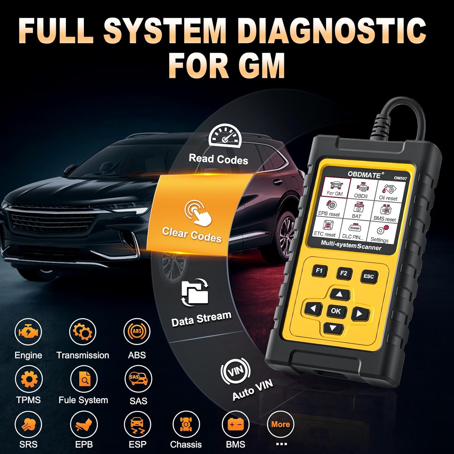 OBD2 Scanner Diagnostic Tool for GMC/Buick/Chevrolet/Cadillac, OM507 All Systems Diagnostic with 12 Resets (Oil/ETC/EPB/ABS/SAS/BAT Register...), Full OBDII Functions Read&Erase Fault Codes