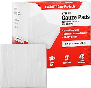EVERLIT [Extra-Thick] 4''x4'' Sterile Gauze Pad 12-Ply, 100 Pack, Ultra Absorbent Non-Woven Gauze Sponges for Wound Care (...