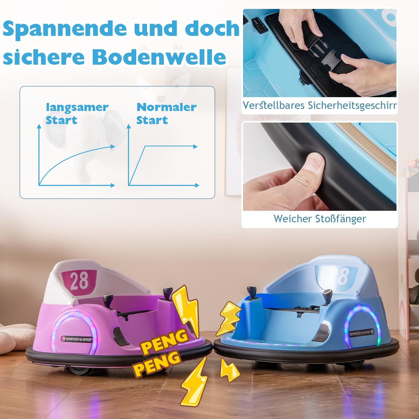 GOPLUS 12V Elektro Autoscooter mit 2,4 GHz Fernbedienung, Kinderfahrzeug 360 Grad drehbar mit LED-Lichtgurt, Sicherheitsgurt, Musik & Hupe, Baby-Stoßspielzeug für Kinder ab 18 Monaten (Blau)