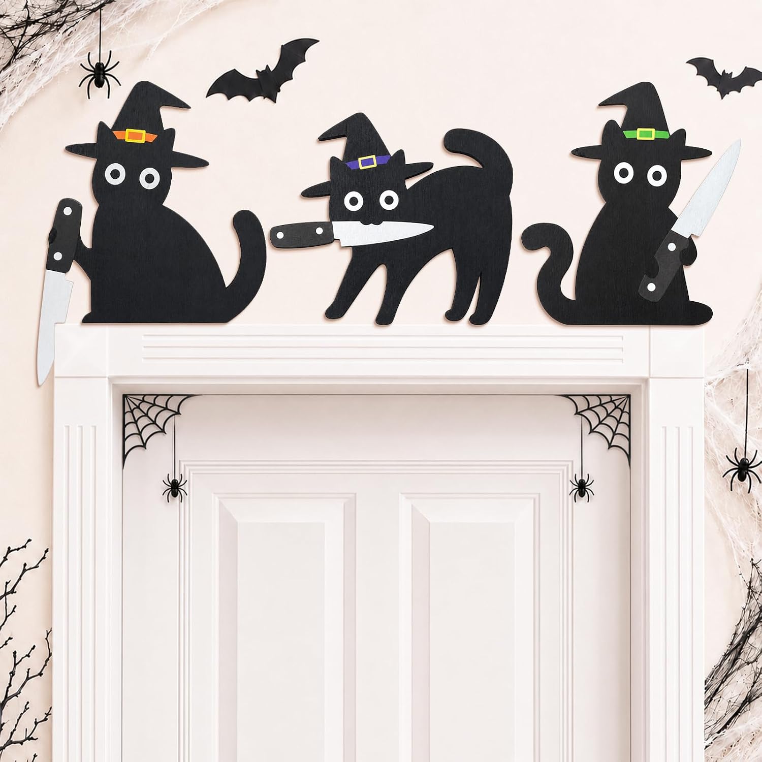 Halloween Black Cat Decorations 3 Pcs Funny Cat Wall Wooden Decor Gothic