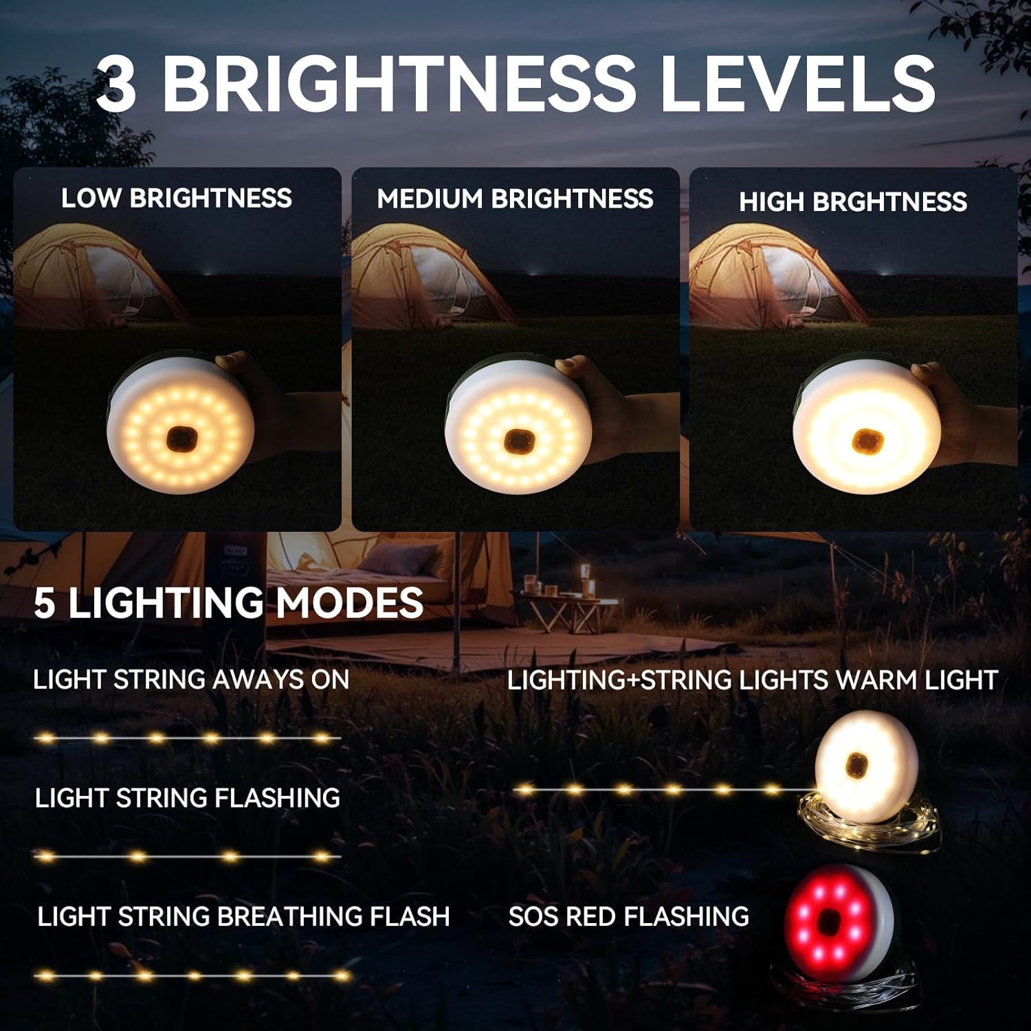 2-Pack Solar Camping String Lights, 39.4FT Portable Waterproof Camping Light with 8 Lighting Modes, Solar Powered and USB Rechargeable Tent Lantern with Remote Control for Camping, Garden and Hiking