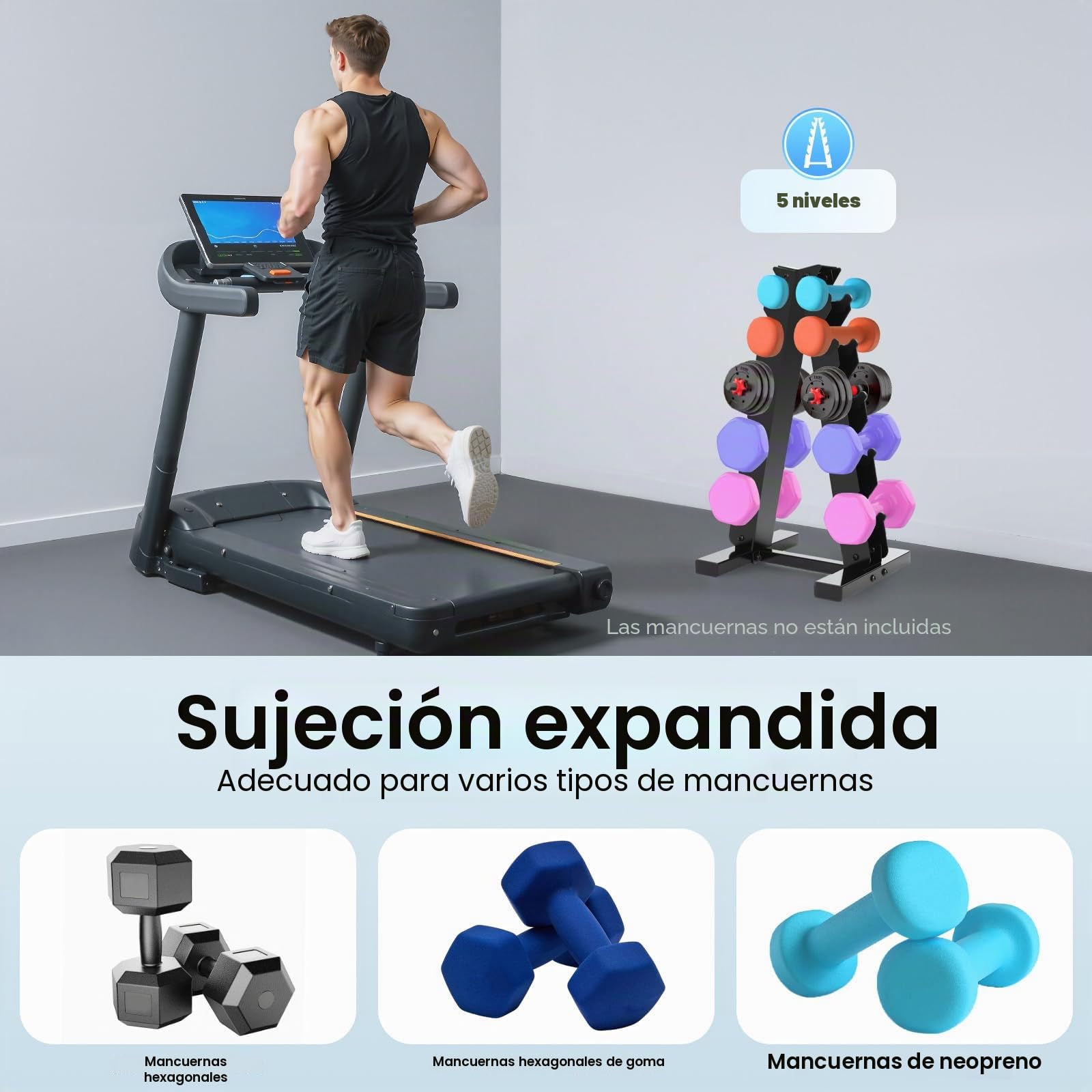 Soporte de Mancuernas de 5 Niveles, Almacenamiento de Mancuernas de Acero Resistente 100kg, Estantería de Musculación de Forma Compacta, Soporte de Mancuernas Universal para Gimnasio en Casa