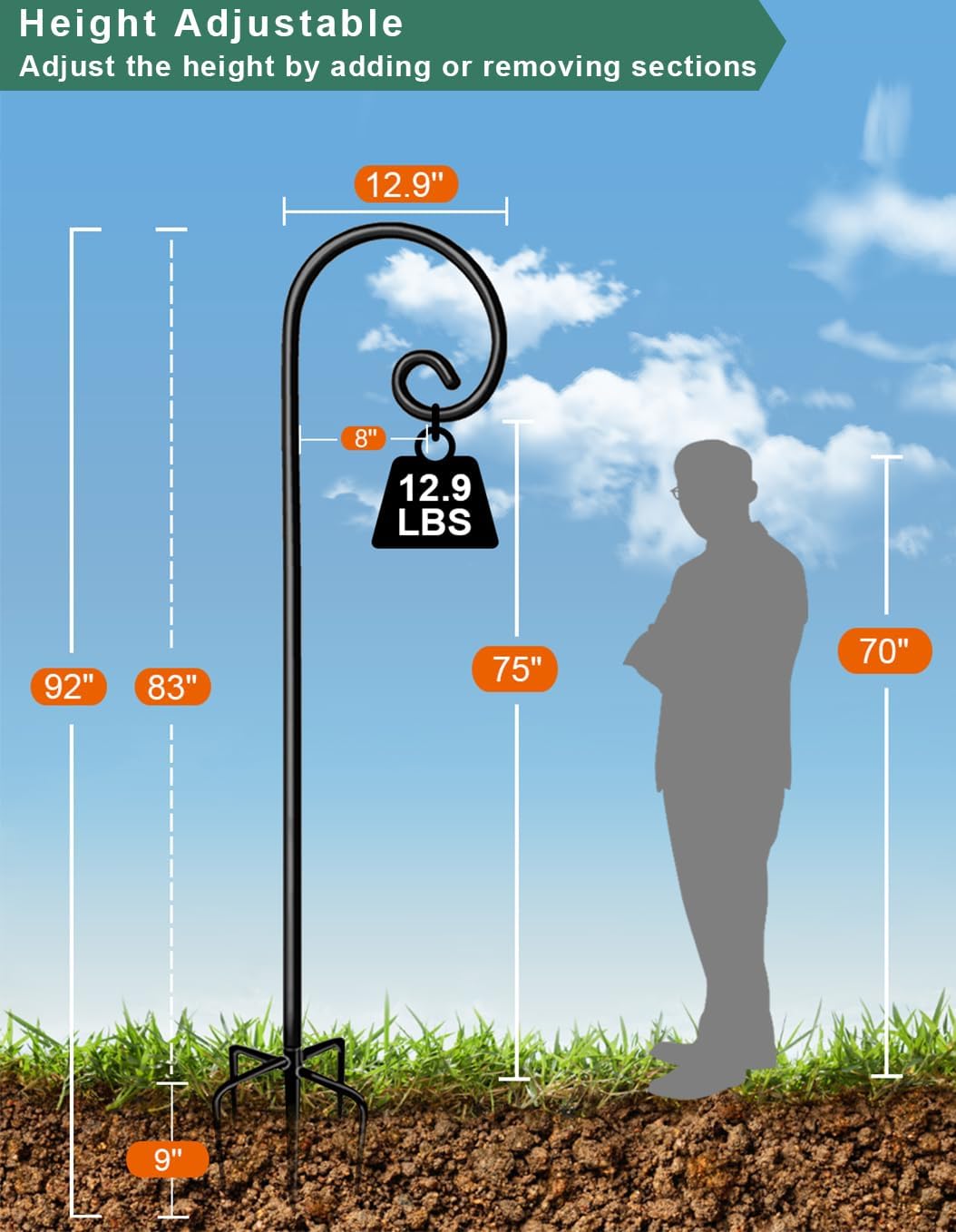 Koutemie 92 Inch Outdoor Shepherd Hook for Hanging Plant, Adjustable Heavy Duty Bird Feeder Pole with 5 Prong Base for Solar Lanterns, Black & 2 Packs