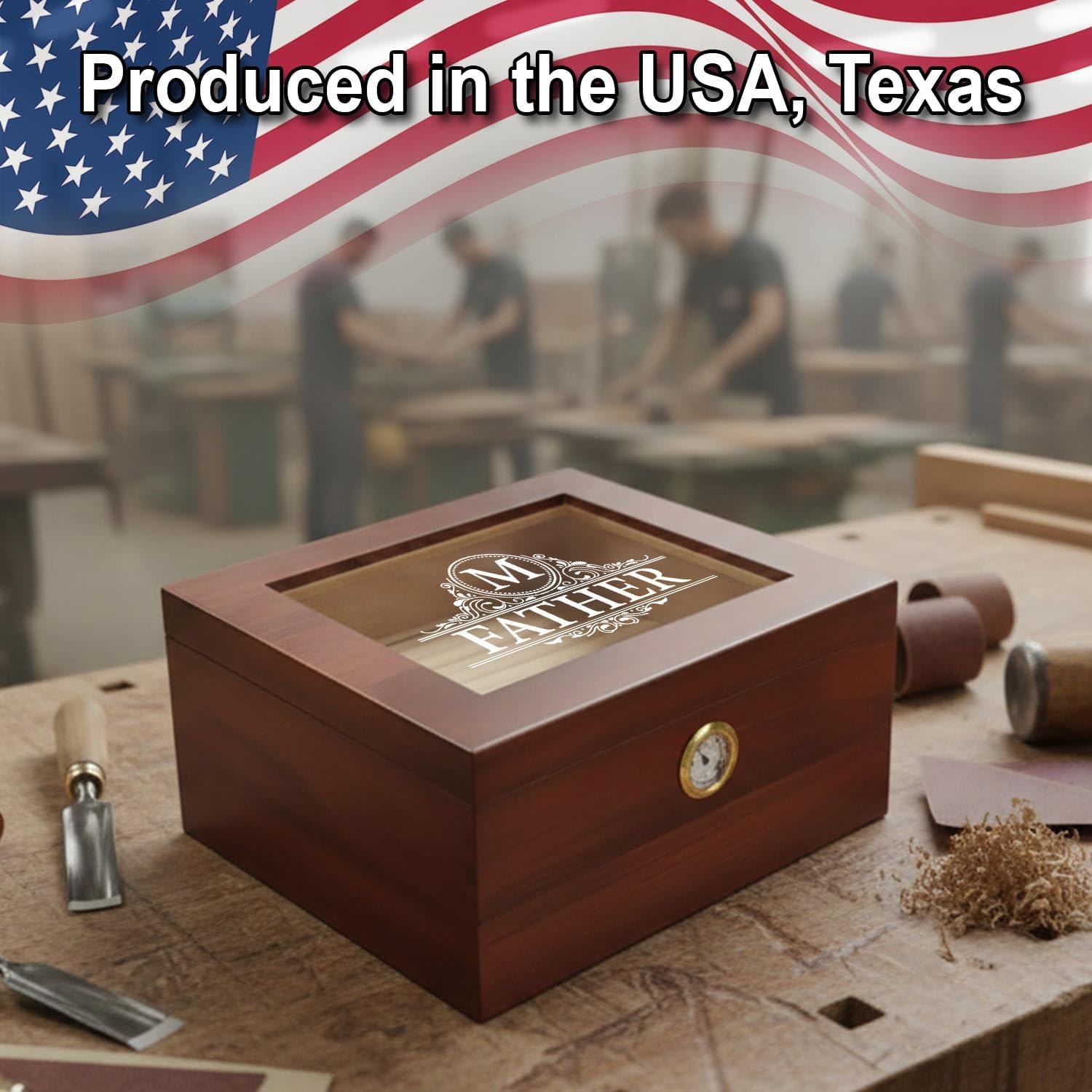 Custom Cigar Box Gift for Men/Women. Glass Top Tabletop and Storage Drawer with Hygrometer,Personalized Cigar humidor Gifts for Birthday/Valentine's Day/Father's Day-Engraving in the USA