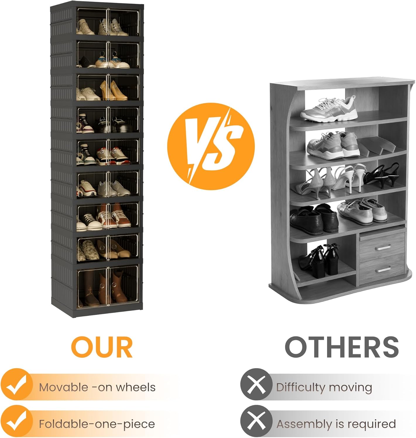 Foldable Shoe Organizer Storage Box, Portable Extra Large Folding Shoe Rack for Closet, Shoe Storage Box with Magnetic Transparent Door and Wheels, 9 Layers 18 Grids with 2 Big Grids