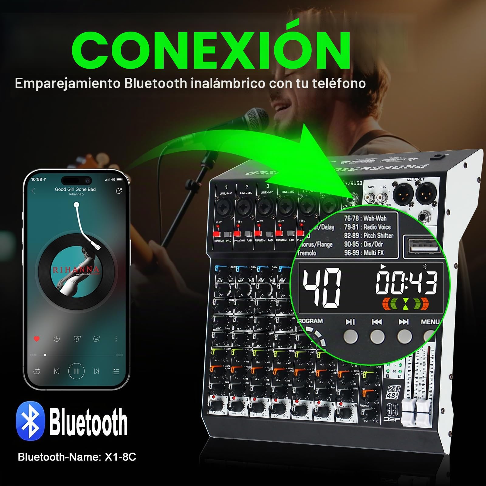 Consola mezcladora de audio de 8 canales con 99 efectos DSP, mezclador digital para DJ, mezclador profesional con USB, Bluetooth, alimentación fantasma de 48 V